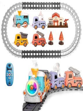 Electric Train Set RC Smoke Lights Sound Kids Toy 3-6